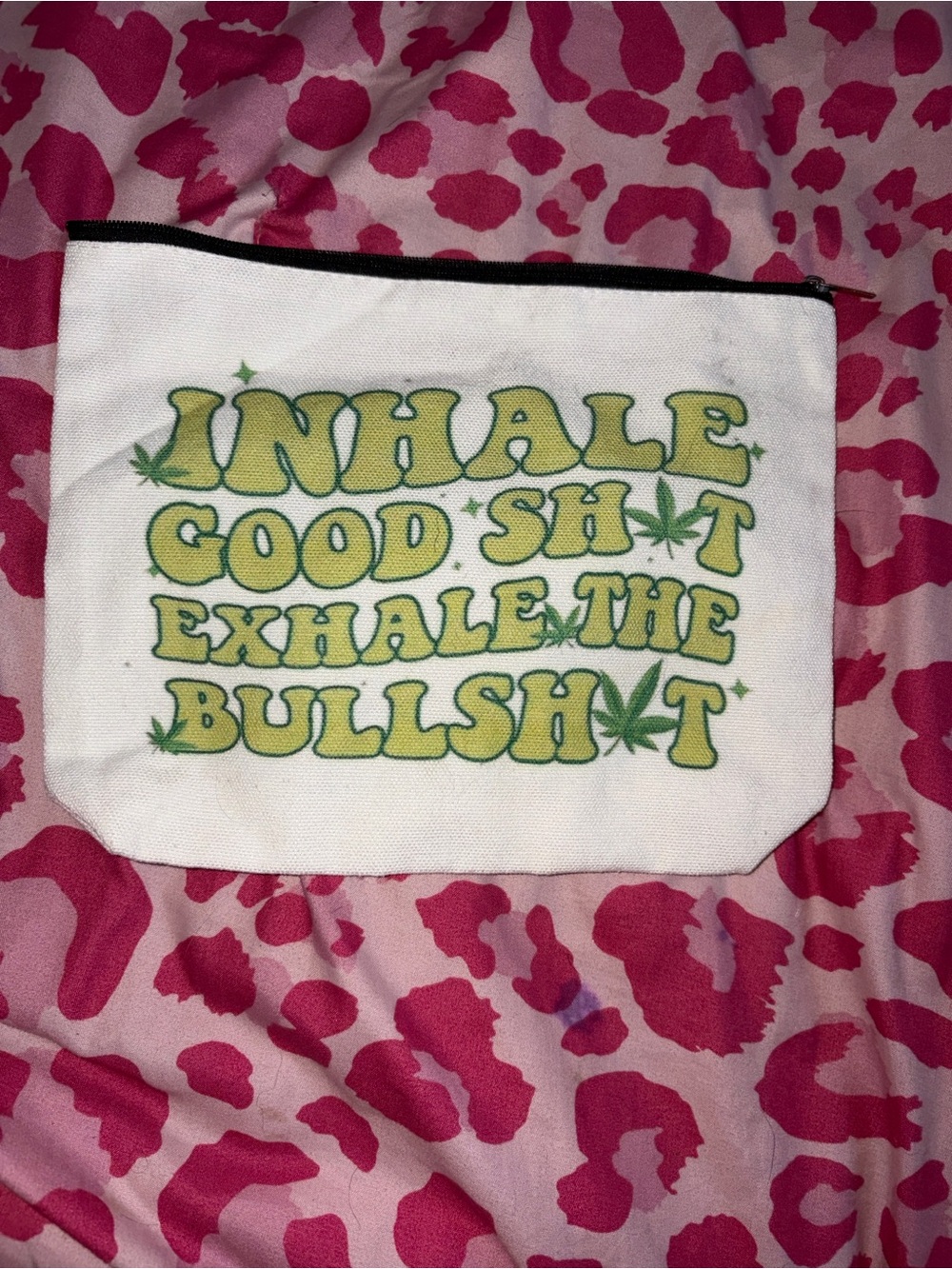 Amazon White Canvas Cosmetic Pouch with Yellow-Green Slogan and Black Trim